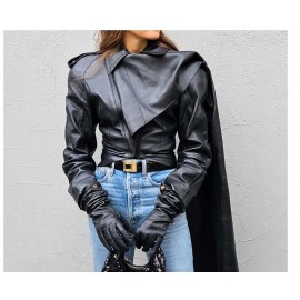 Fashion Faux Pu Leather Slim Jacket Women Long Sle..