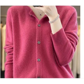 Long-sleeved women's sweater cashmere knitted 100% pure merino wool O-neck cardigan sweater coat in autumn and winter.