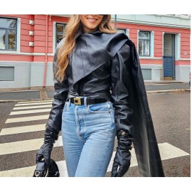 Fashion Faux Pu Leather Slim Jacket Women Long Sleeve Patchwork Scarf Collar Cape Jackets 2023 Autumn Female Ladies Streetwear